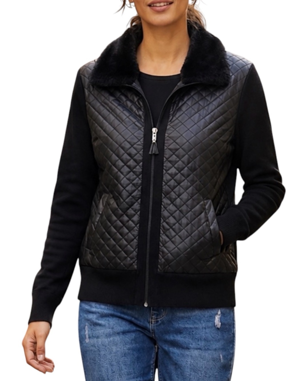 Women’s Black Quilt Faux Leather Fur Collar Knit Moto Jacket Size XL